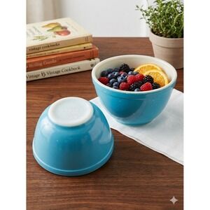 Vtg. Pyrex Turquoise Blue Mixing Bowls Set 2 Rare Unnumbered 1940s Arched Logo